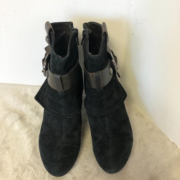 Black Suede Heeled Booties With Brown Strap and Buckle Size 37 (US 7) - Picture 3 of 13